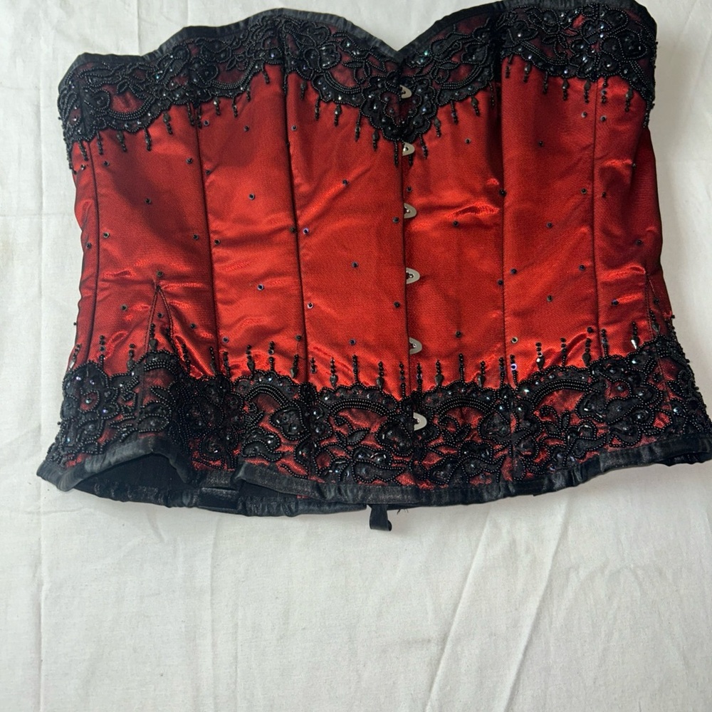 Red Satin Corset Top with Black Lace Trim